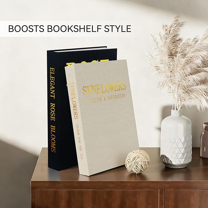 Premium Linen Decorative Book Box Set of 2 - Letter Gold Foil Embossed with Hidden Storage | Coffee Table, Bookshelf & Mantel Decor & Keepsake Organizer to Elevate Home Aesthetic, Black