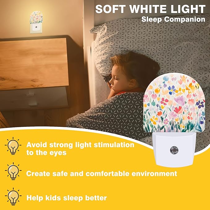 Night Lights Plug into Wall Watercolor Floral Night Light Dusk to Dawn Smart Sensor Decorative Round Led Lamp for Bedroom Kitchen Hallway Nightlight for Women Men