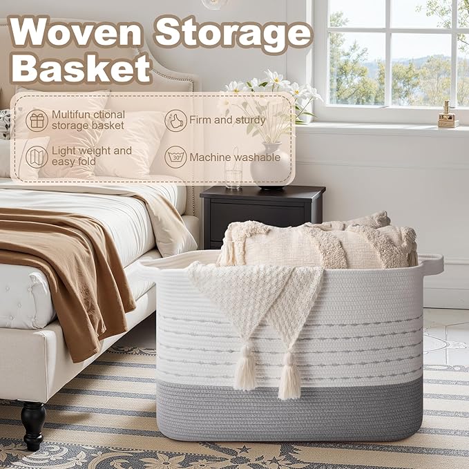 OIAHOMY 108L Extra Large Blanket Basket, 25”x16”x16” Rectangle Woven Cotton Rope Baskets for for Living Room, Toy Storage with Handle- Gradient Grey