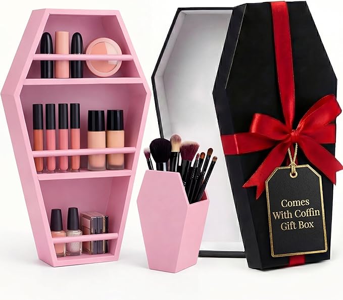 MANNY'S MYSTERIOUS ODDITIES Coffin Shelf Gothic Makeup Organizer Set with Brush Holder & Gift Box, Gothic Decor Accent for Glam Vanity or Spooky Gifts Display - 15 Inches by 8 Inches (Pink)