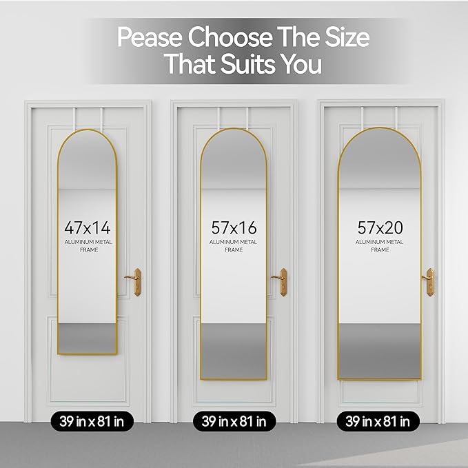 SCWF-GZ 57x16 Door Hanging Full Length Mirror, Floor Stand (Height 5.7ft just Body in1.3ft) / Wall Mounted Metal Frame Arch Dressing Mirrors for Bedroom Living Room 57 inch Gold