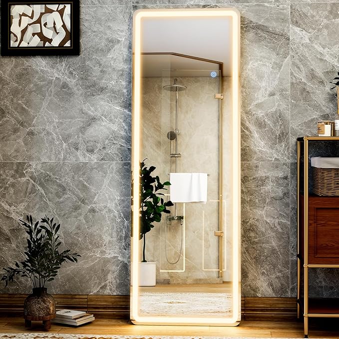 GLSLAND LED Full Length Mirror - 56" x 20" Floor Standing Mirror with Light for Bedroom/Cloakroom -Dimmable & 3 Color Lighting/Wall Mounted Full Body Mirrors