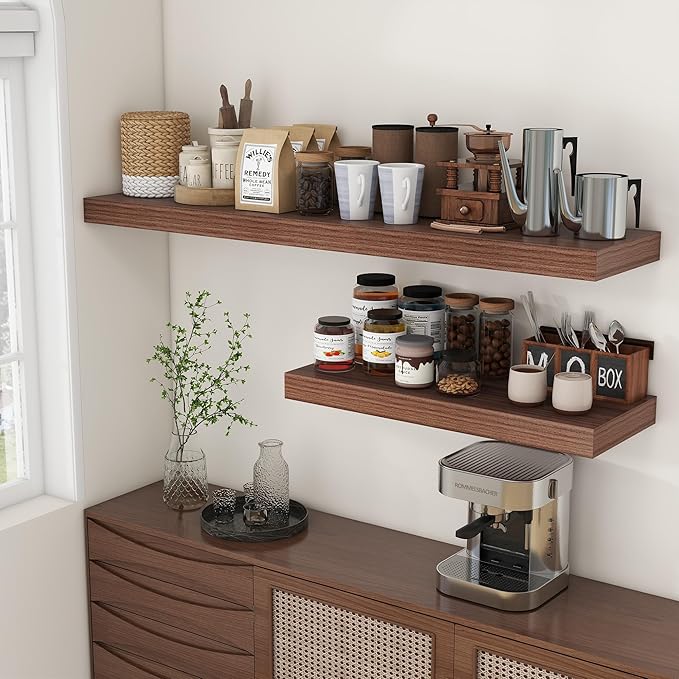 FLYJOE 12 Inch Deep Floating Shelves | 55 Inch Walnut Floating Shelves | 55" W x 12" D Rustic Wood Shelves for Wall | Deep Walnut Shelves for Living Room Bathroom Laundry Room Kitchen
