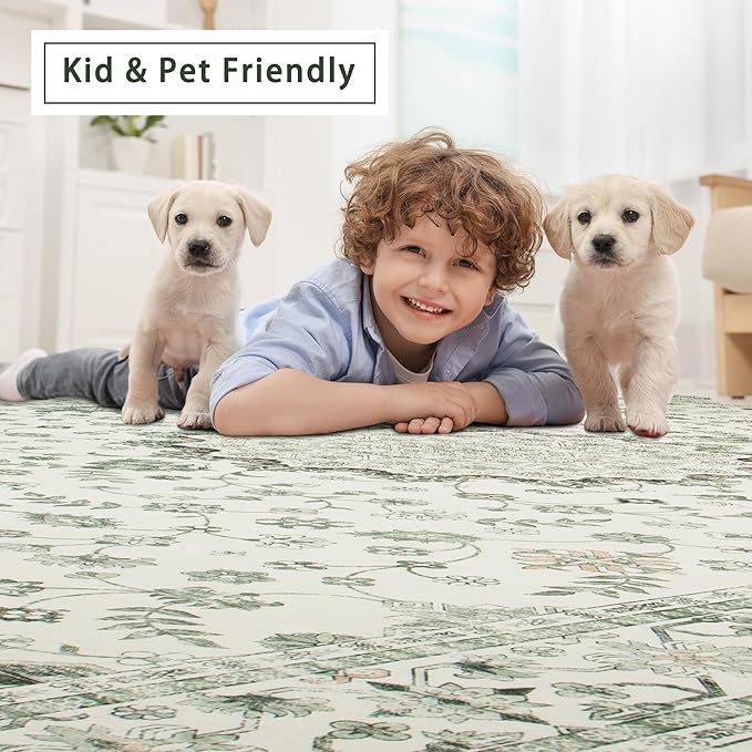 Srugn Washable Rugs 8x10 Area Rugs for Living Room,Rugs for Bedroom,Large Carpets,Ultra Soft Faux Wool Retro Dining Room Rug,Non Slip&Non-Shedding Low Pile Vintage Print Rug for Home Office-Green