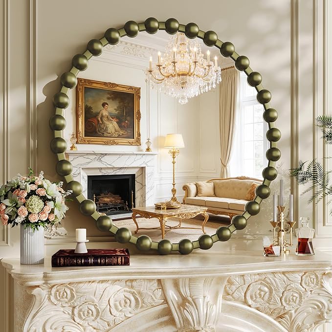 Round Vintage Vanity Mirror, 28 Inch Beaded Frame Circle Wall Mirror for Bathroom, Bedroom Dresser, Entryway, Living Room, Decorative Hanging Wall Mirror, Bronze