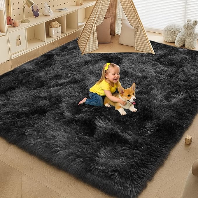 Large 9x12 Area Rug for Living Room, Soft Shag Rugs for Bedroom, Non-Slip Ultra Fluffy Rug,Modern Plush Carpet for Girls Boys Kids Room Dorm,Fuzzy Rug for Home Decor Aesthetic,Dark Grey