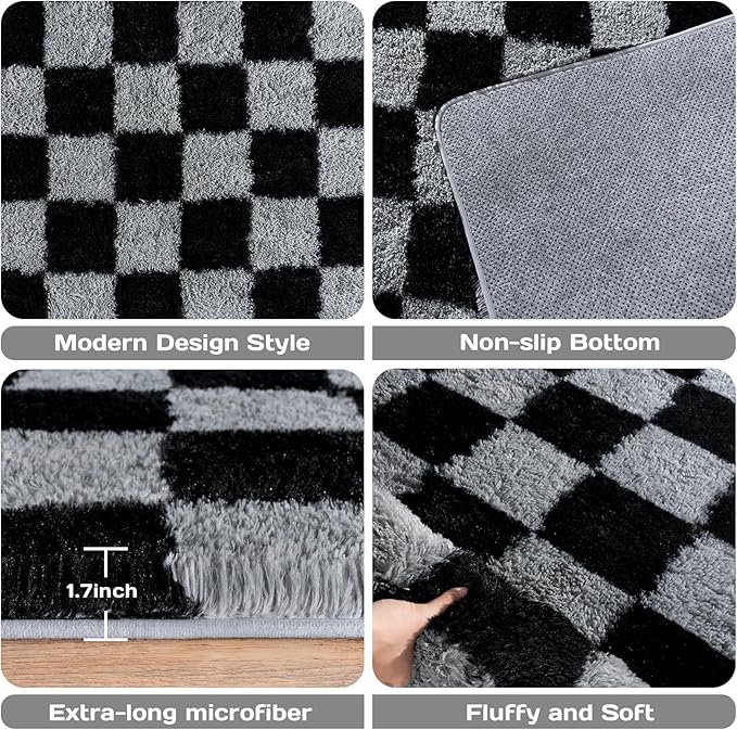 Checkered Rugs for Living Room Bedroom, 5x7 Area Rugs for Living Room, Modern Shaggy Carpets Fuzzy Rug for Boys Girls Dorm Nursery Home Decor Aesthetic, Upgrade Non-Slip Durable, Dark Grey