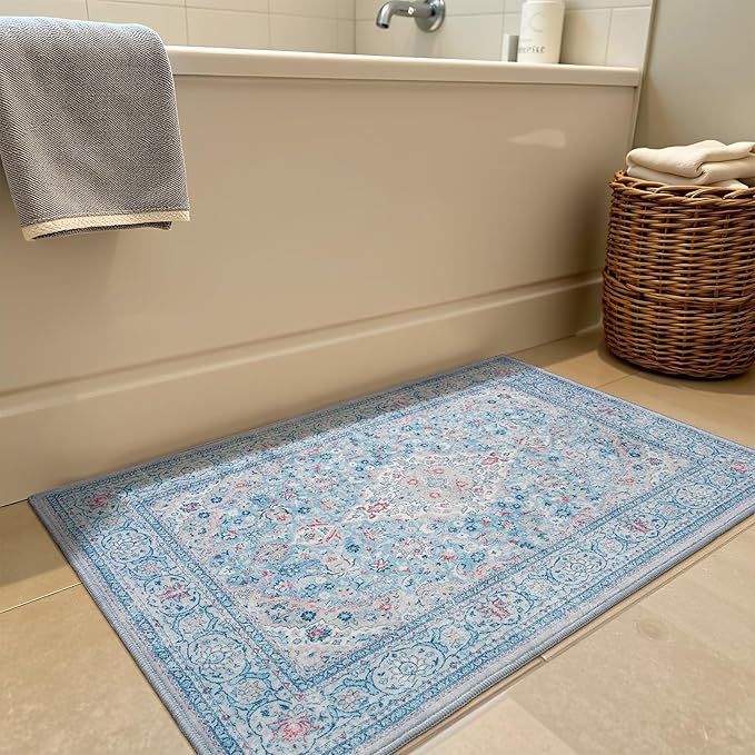 Goideal Washable Entry Rug 2x3, Blue Small Area Rugs Non Slip, Indoor Low Pile Carpet with Rubber Backing for Bathroom Kitchen Entryway Office