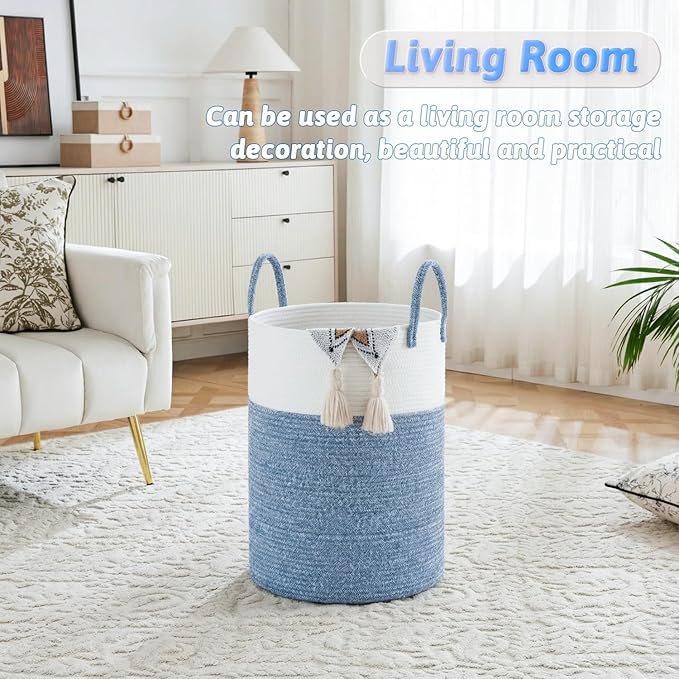 Laundry Basket,Woven Cotton Rope Laundry Hamper,60L for Decor Storage of Dirty Clothes,Toys and Blankets in Bathroom,Baby Room and Living Room