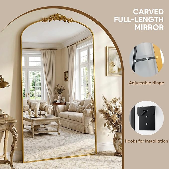 Antok Arched Full Length Mirror, 90"x46" Floor Mirror with Carved, Full Body Mirrors for HomeDecor, Standing/Halling Large Wall Mirror for Bedroom, Living Room, Cloakroom, Gold, Retro Style