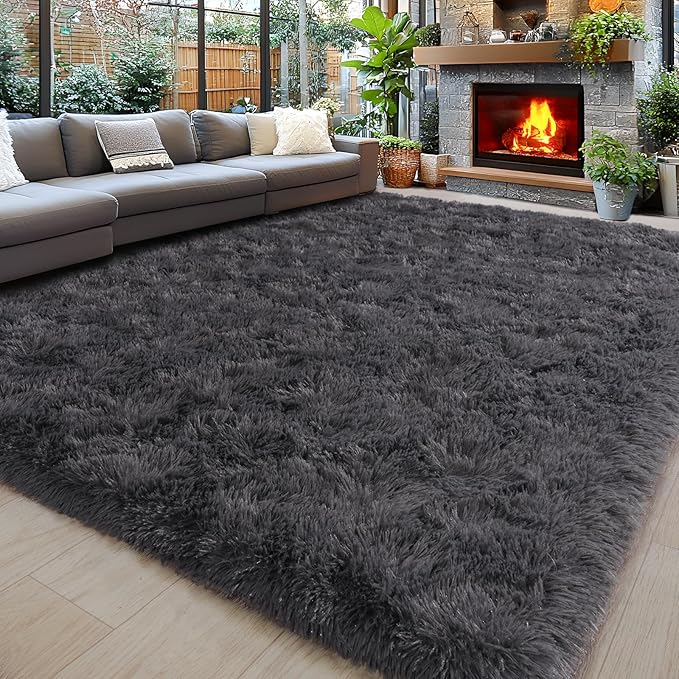 8x10 Area Rugs for Living Room, Ultra Soft Fluffy Large Shaggy Rug Carpet for Bedroom, Non-Slip Fuzzy Plush Rugs for Nursery Boys Girls Kids Room Modern Indoor Home Decor, Charcoal Grey