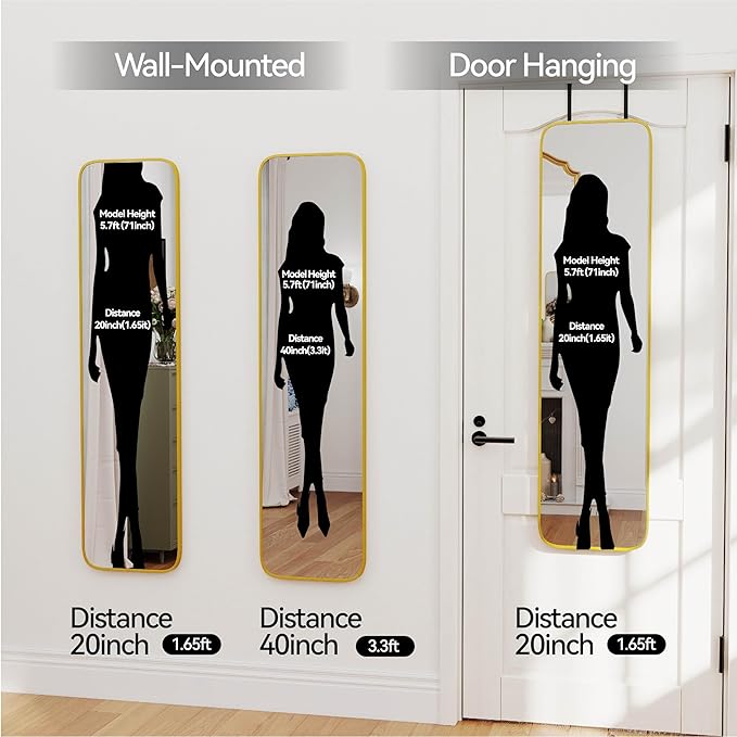 SCWF-GZ 47x14 Mirror Full Body Length Door Hanging/Rope Hang/Wall Mounted Metal Frame Rectangle Mirrors for Bedroom Bathroom Dressing Living Room 47 inch Gold