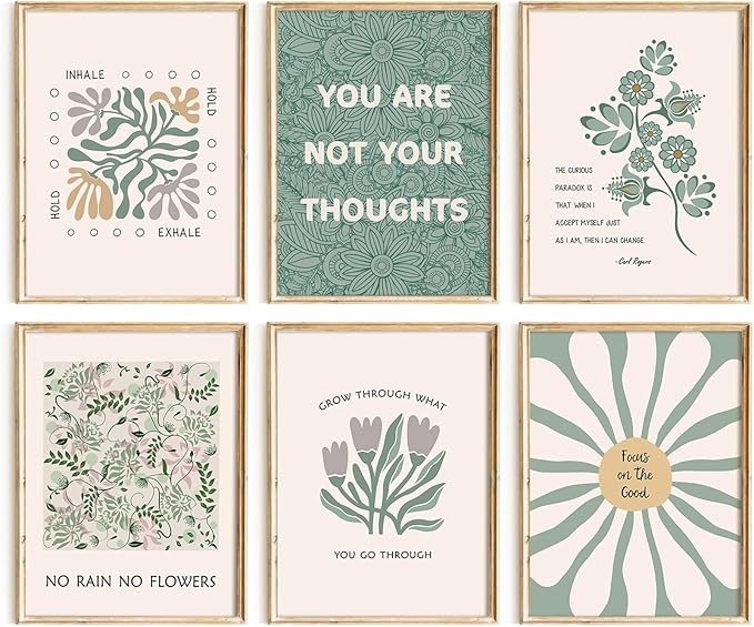 Mental Health Wall Art Therapy Office Canvas Wall Decor Green Motivational Posters Prints Boho Inspirational Quote Pictures Positive Psychology Artwork Painting for Classroom 8x10 Inch Unframed 6Pcs