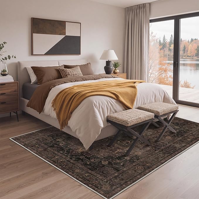 GENIMO 6x9 Area Rugs for Living Room, Machine Washable Rug, Non Slip Indoor Vintage Rug, Low Pile Lightweight Chenille Print Carpet for Bedroom Dining Room Home Office, Charcoal Brown