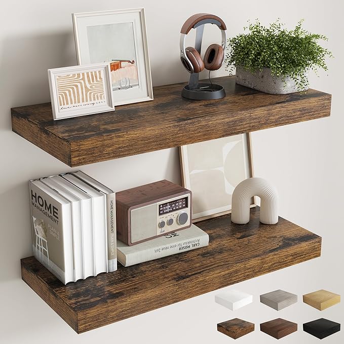 Fun Memories 32 Inch Brown Floating Shelves for Wall, 12 Inch Deep Shelves for Bathroom|Kitchen|Bedroom, Wall Mounted Rustic Wood Floating Shelf with Invisible Brackets for Books|Storage|Decor, 2 Pack