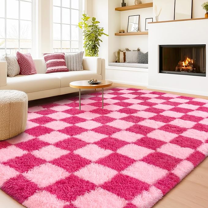 Checkered Rugs for Living Room Bedroom, 5x7 Area Rugs for Living Room, Modern Shaggy Carpets Fuzzy Rug for Boys Girls Dorm Nursery Home Decor Aesthetic, Upgrade Non-Slip Durable, Pink and Hot Pink