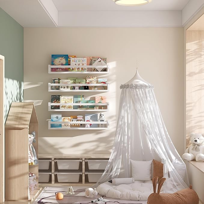 Onlysky Set of 4 Wall-Mounted Kid's Bookshelf - White Floating Nursery Book Shelves - Durable Wood Construction - Ideal for Nursery Decor, Kids Room, Toy Storage