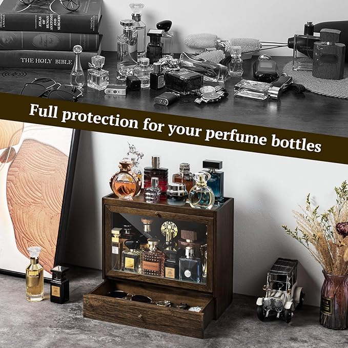 Emfogo Cologne Organizer for Men, Solid Wood Perfumes Organizer for Men Dresser, Large Capacity Dustproof Cologne Holder with Drawer Storage Perfume Stand Organizer, Ideal Gift for Loved ones