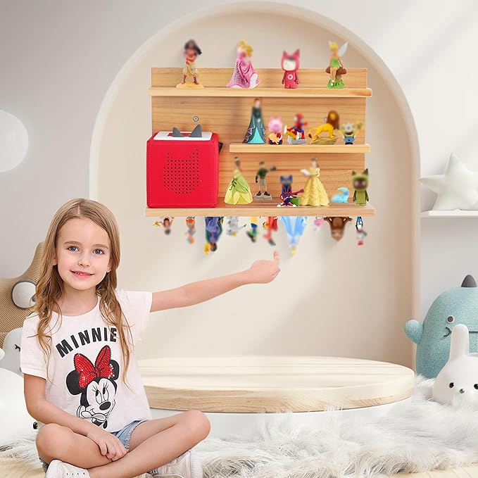 PHOENANCEE for Tonies Shelf Magnetic,for Toniebox Figures Storage Display Shelf (40-48 Character),Wall Floating Shelves Wooden,Compatible Charging Station for Children Kid's Room,Pine,3 Tier