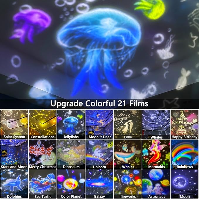 21 Sets of Films, Kids Night Light Projector, Projector Night Light for Kids Bedroom, Ceiling, Star Galaxy Projector for Baby Toddler Girls with 360° Rotating, Birthday, Christmas, Nursery, Room Decor