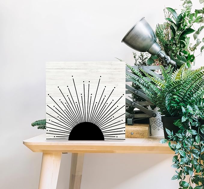 SRADMO Abstract Boho Black Sun Sunrise Sunset Sunshine Sunray Rustic Wood Box Sign Desk Decor Boho Mid Century Modern Art Wooden Block Box Sign Decoration For Home Wall Shelf Table Office Decor