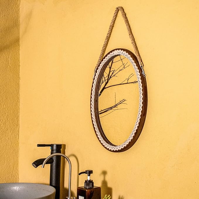 OKSQW 16 Inch Oval Wall Mirror Lace Frame Art Decorative Rustic Farmhouse Wooden Mirror Hanging Mirror with Rope for Entryway Bedroom Living Room Bathroom