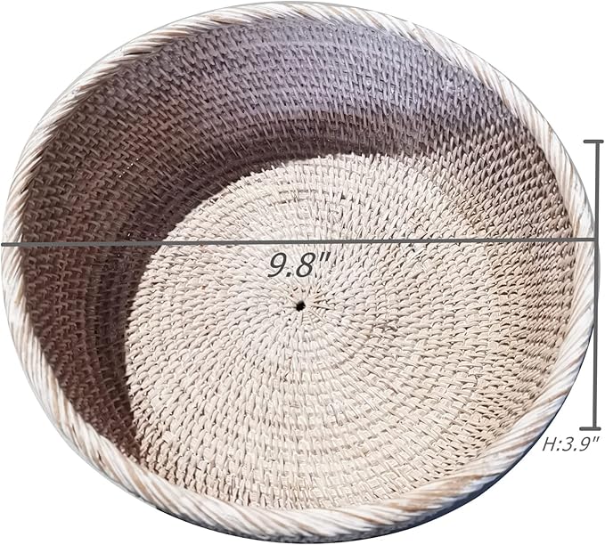 White Round Rattan Basket, Decorative Wicker Fruit Serving Bowl Tray with 4 Inch High Wall