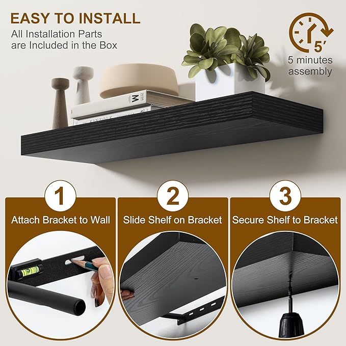 Fun Memories Floating Shelves for Wall, 48Inch Long Floating Shelves Set of 1, Hanging Shelf with Invisible Brackets, Wood Shelves for Living Room, Bedroom, Kitchen, Black