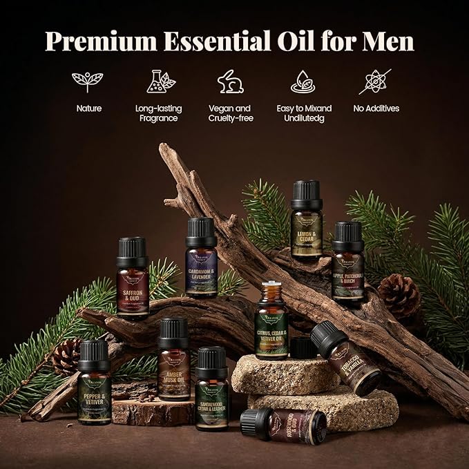 Men Essential Oils Set, Gift for Father, Masculine Fragrance Oils Blends for Diffuser, Candle & Soap Making, Car Diffuser Scents, Sandalwood Cedar&Leather, Tobacco&Vanilla More 10x5ml