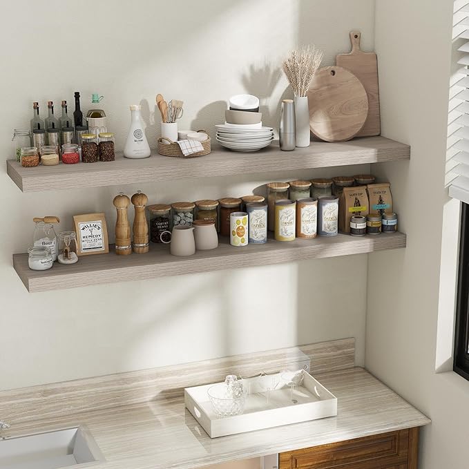 Fun Memories 12 Inch Deep Floating Shelves, 60 Inch Long Extra Large Floating Shelves for Home & Office, Wall Shelves with Invisible Bracket, Grey, Set of 2