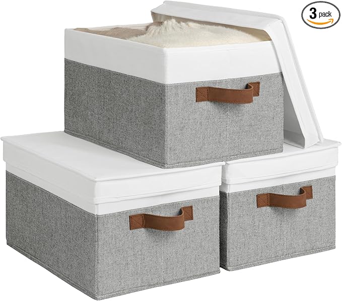 StorageWorks Decorative Storage Boxes with PU Handles, Storage Bins with Lids, Foldable Storage Baskets for Closet, Shelves, Stackable, Gray and White, 3-Pack