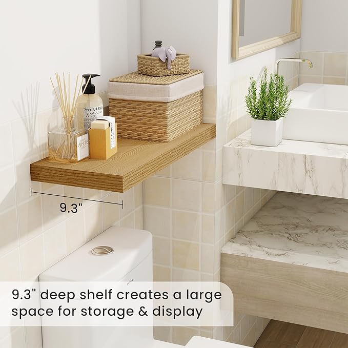 Fun Memories 24 Inch Floating Shelves, 9.3 Inch Deep Rustic Wall Shelves - Extra Deeper Wall Mounted Storage Shelves for Bathroom, Kitchen, Living Room (Oak, Set of 2)