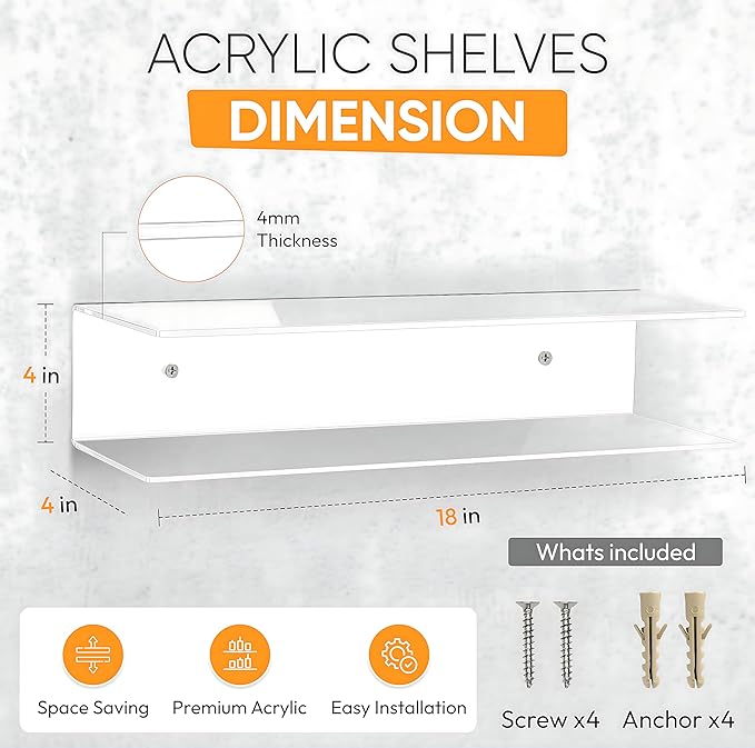 Clear Acrylic Floating Shelves - 2 Tier Wall Mounted Bathroom Organizer Set of 2 (18") - Space Saving Display Shelf for Makeup, Skincare, Kitchen Spices, & Home Decor