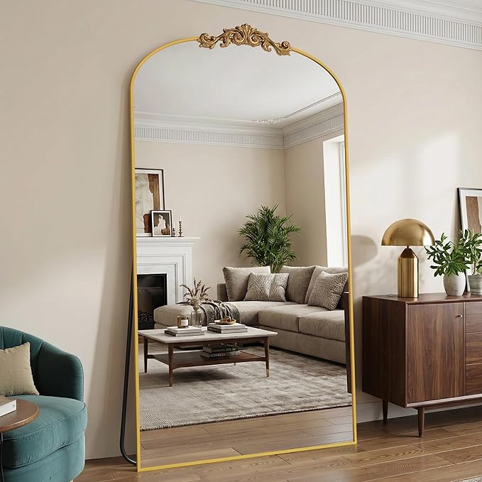 Antok Arched Full Length Mirror, 90"x46" Floor Mirror with Carved, Full Body Mirrors for HomeDecor, Standing/Halling Large Wall Mirror for Bedroom, Living Room, Cloakroom, Gold, Retro Style