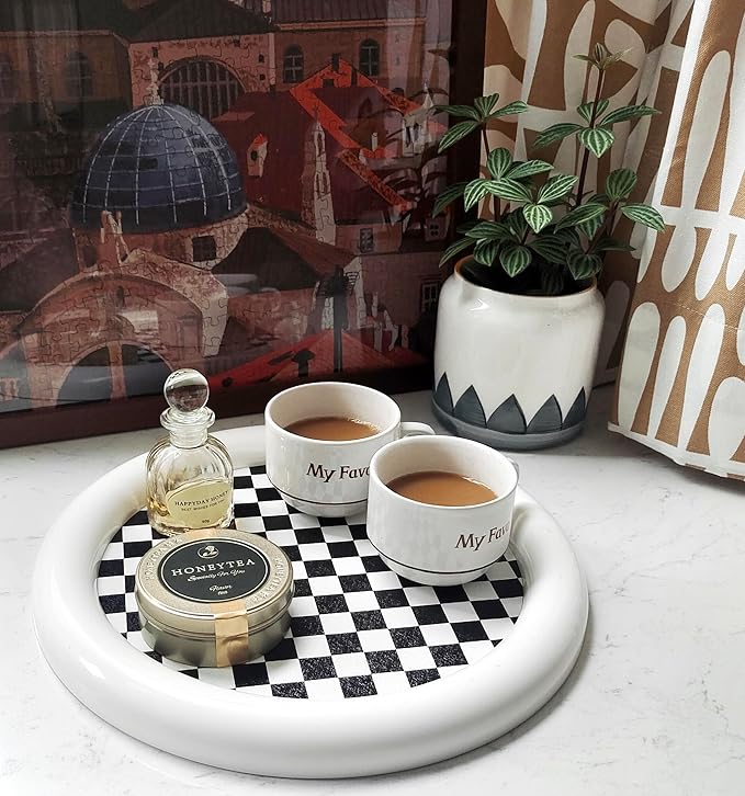Ciandid Checkered Decorative Tray, Checkerboard Jewelry Tray Dresser Tray for Makeup Perfume Organizer, Aromatherapy Reed Diffuser Tray Vanity Tray for Bathroom(White)