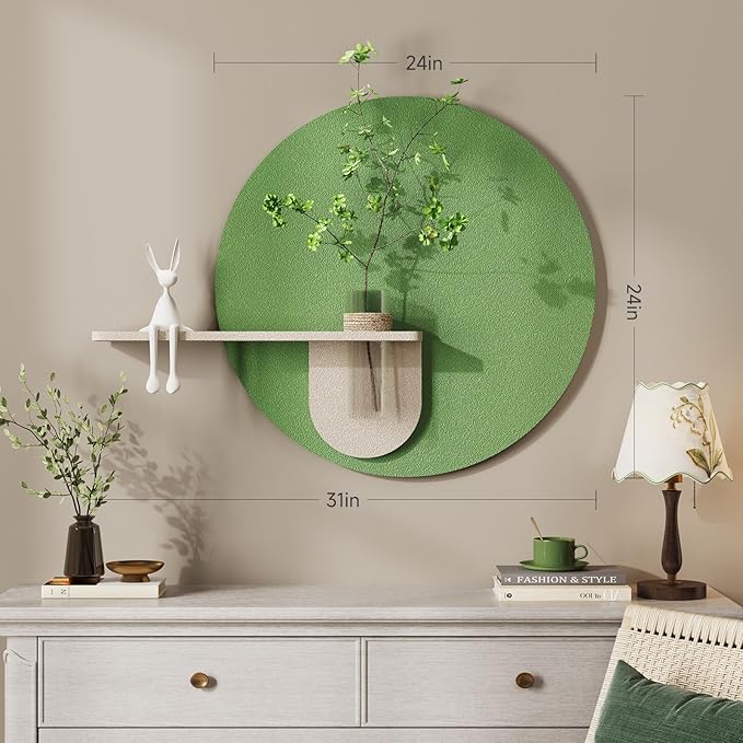 3D Textured Sage Green Round Wall Art Decor with Shelf, Minimalist Green Artwork for Walls with Vase, Sandstone Texture Wall Decor for Living Room, Hallway, Dining Room, Bedroom, Office, 24x24 Inch