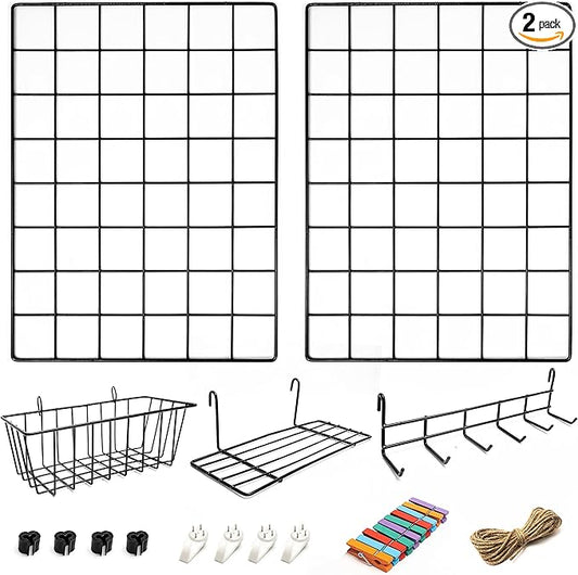 2 Pack Wire Wall Grid Panel With Accessories | Includes Hanging Basket, Shelf & Hook Rack | Photo Grid Wall Panels | Hanging Home, Office & Kitchen Décor | Metal & Black