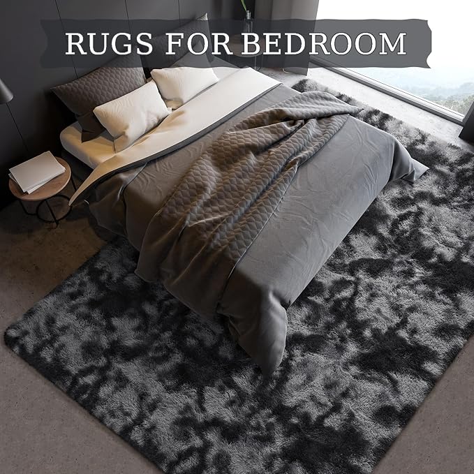 BENRON Fluffy Rugs for Living Room 5x8 Tie-dye Black, Washable Large Area Rugs for Bedroom Dining Table Office Kids Nursery Room, Washable Indoor Floor Carpets