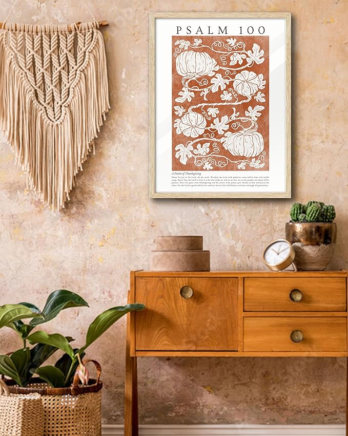 EcoHest Fall Botanical Pumpkins Framed Wall Art, Large 16x20 in OAK Wood Christian Psalm 100 Canvas Wall Art, Beige Logs A Psalm of Thanksgiving Home Decor Set of 1 for Bedroom Living Room