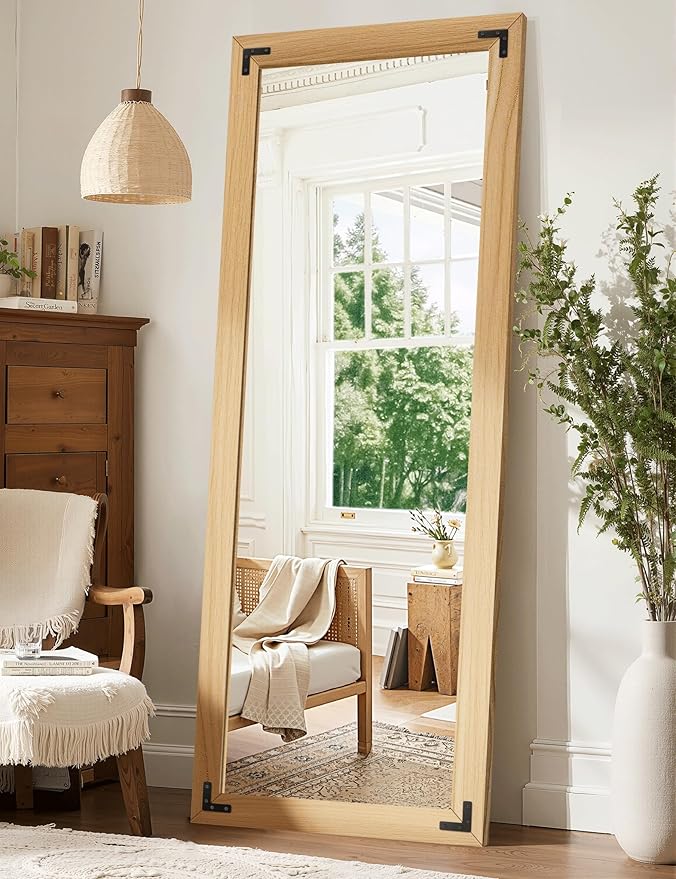 TRAHOME Full Length Mirror with Wooden Frame, 65"X24" Solid Wood Standing Floor Mirror for Farmhouse, Bathroom, Bedroom, Hanging or Leaning Wall-Mounted(Natural)