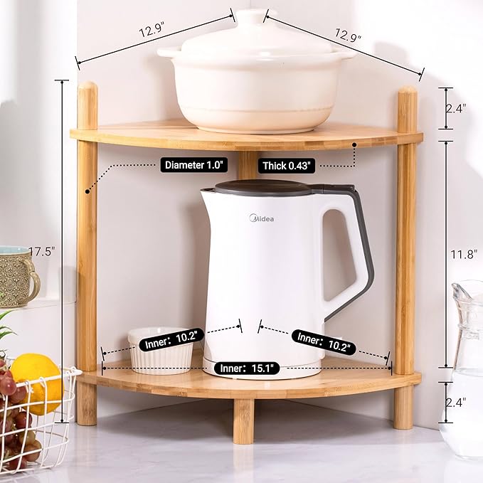 2Pcs 2-Tier Expandable Bamboo Corner Shelf Stand,Corner Bookshelf, Display Storage Shelves with Open Shelves, for Organization and Storage, Living Room, Home Office, Garage