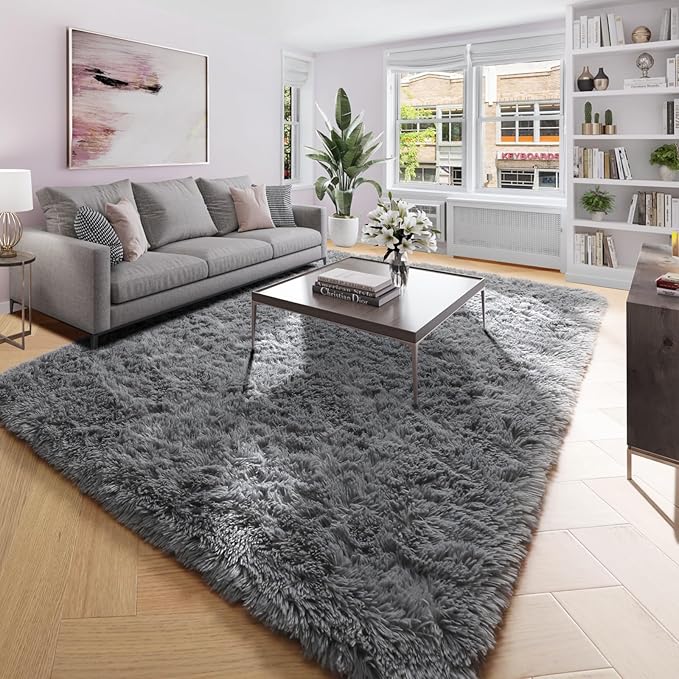 Amdrebio Grey Modern Fluffy Living Room Rugs,5x8 Rug,Furry Area Rug for Bedroom,Shaggy Indoor Rug for Kids Room,Plush Fuzzy Rug for Living Room Decor,Soft Farmhouse Carpet for Home Office Playroom