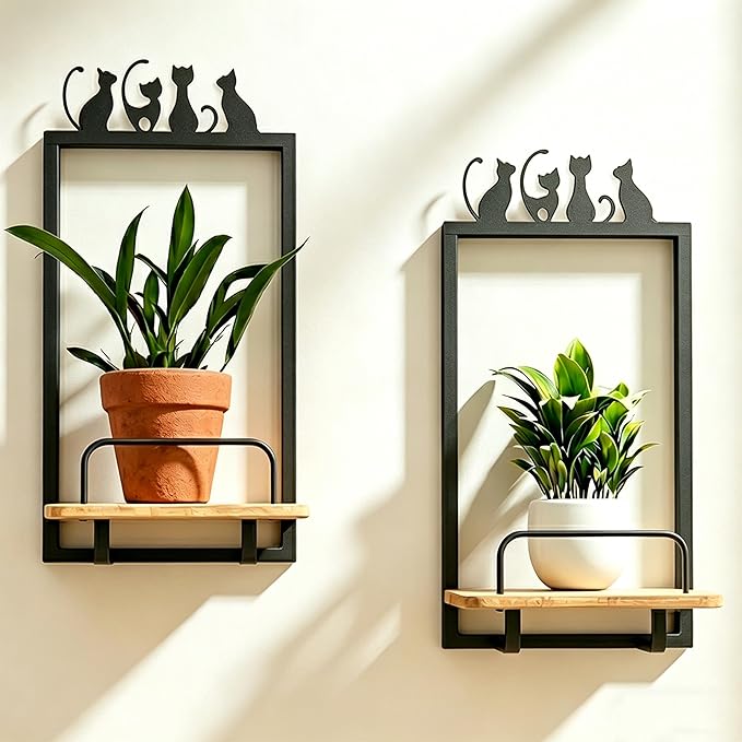 Shineled Wall Planter for Indoor Plants 2 Pack, Wall Mounted Plant Holder for Small Plants, Floating Wall Shelf for Plants, Real Oak Wood, Magnetic Animal Decor, Home Wall Decor (Cat)