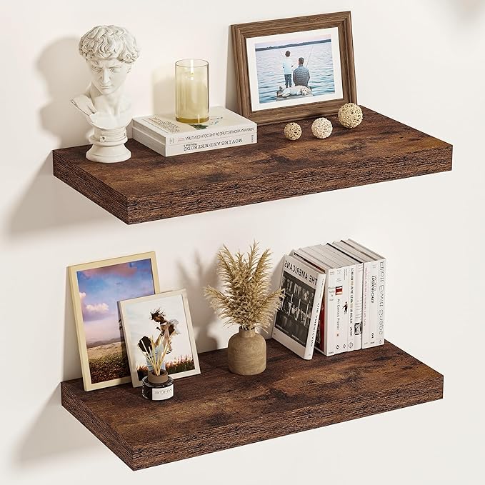 Vivelove 12 Inch Deep Floating Shelves for Wall, 16" Long Wall Shelves with Invisible Brackets, for Living Room Bedroom Bathroom, Farmhouse Rustic Shelves Home Decor, Set of 2, Rustic Brown