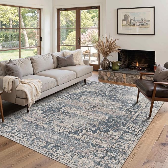 Rugxara 4x6 Rug for Living Room Bedroom, Blue Washable Throw Rugs, Vintage Retro Boho Area Rugs, Non Slip & Low Pile Accent Throw Carpet for Indoor Dining Room, Kids Room and Office(Blue 4x6ft)