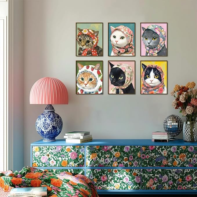 Funny Cat Poster Set of 6, Whimsical Babushka Cats Wall Art Eclectic Lover Cat Pictures Decor, Quirky Animal Pictures Canvas Painting Prints Aesthetic for Bedroom Living Room 8x10 inch Unframed