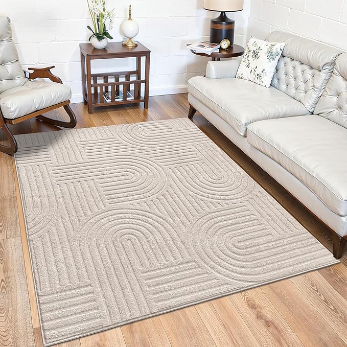 SHACOS Soft Cozy Fluffy Arch Rugs 4'x5'3" Non Slip Washable Modern Geometric Area Rug High Low Pile Stain Resistant Contemporary Carpet for Living Room Bedroom Dining Room, Beige
