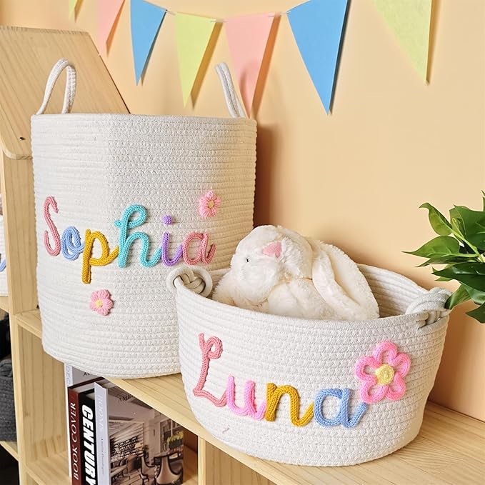 JUPPE Custom Baby Shower Basket, Personzlized Basket with Baby Name, Baby Boy Girl Storage Organizer Cotton Rope Nursery Decor Newborn Gift (XXL Basket)
