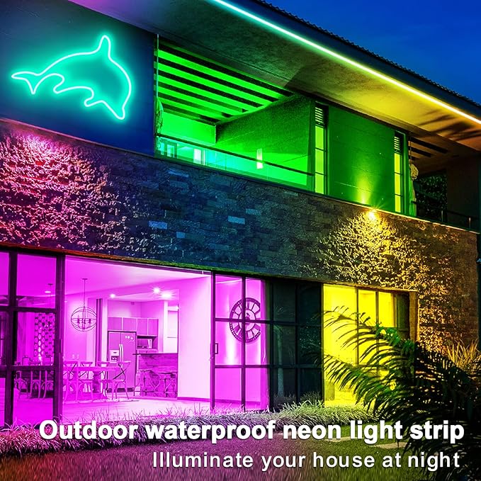 segrass 100FT RGB LED neon Rope Lights LED neon Lights with Remote/APP Control 24V IP65 Waterproof Flexible Neon LED Strip Lights for Bedroom Room Outdoors Decor（2 Rolls of 50ft）