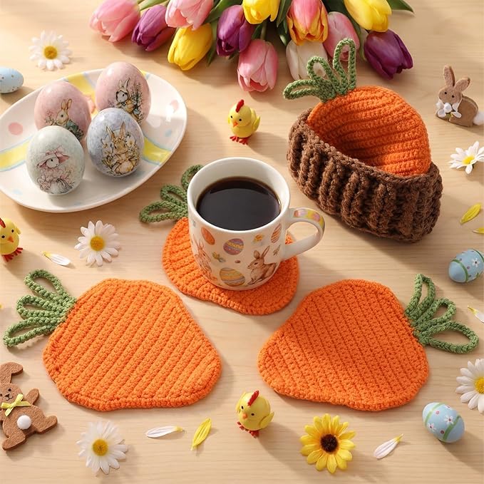 5 Pcs Easter Carrot Crochet Coaster Set with Basket 4.3 Inch Handmade Woven Carrot Cup Pad Mats Gift Kit for Holiday Kitchen Office Bar Desk Table Decoration